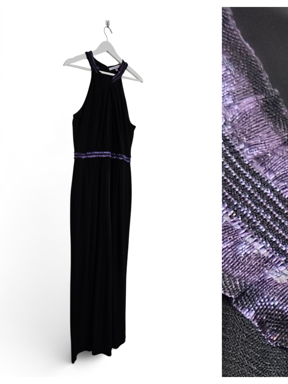 Luxe by Carmen Marc Valvo Jumpsuit Size: 16 Halter Wide Leg Evening Black Purple